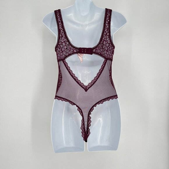 Victorias Secret Lace Burgundy Bodysuit With Lace-Up Front & Scalloped Edges Siz - Picture 4 of 8